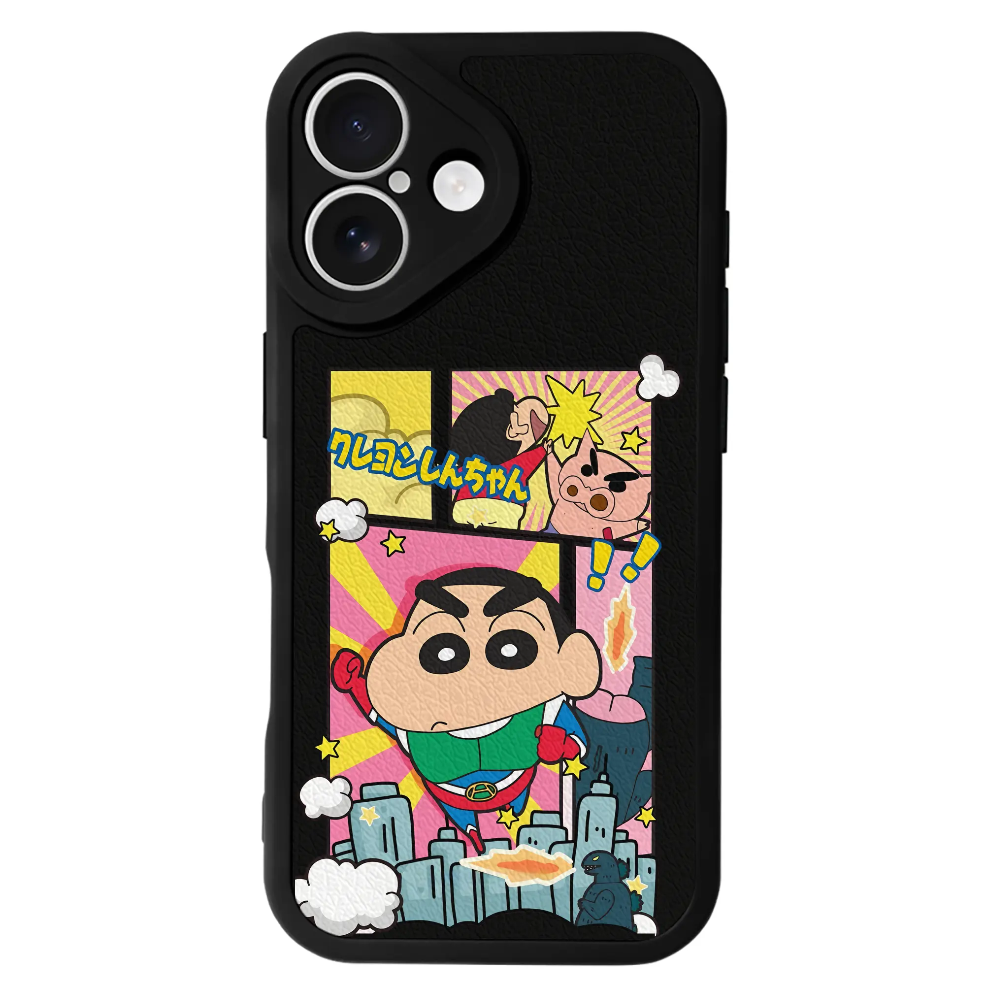 クレヨンしんちゃん グッズ アクション仮面 - IPhone 16シリーズ対応 ・ シリコンスマホケース ・ レザー調 ・ 高精度フィット ・ 耐衝撃 ・ ワイヤレス充電対応 ・ 精密カット